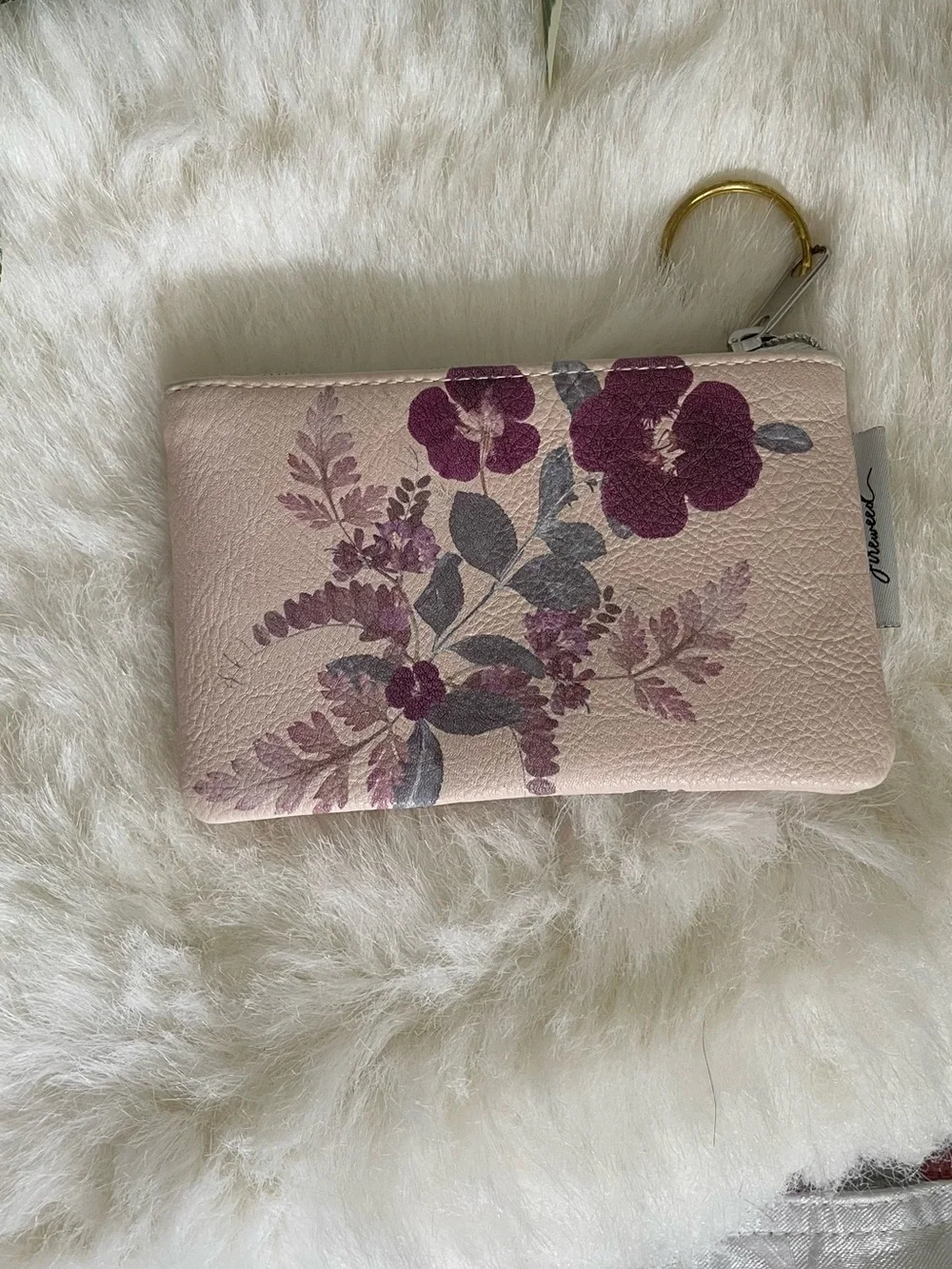 Floral Coin Purse Key Pouch Mini Wallet Pink Vegan Leather
